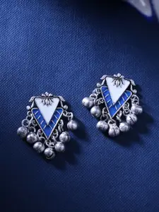 Voylla Silver-Plated & Blue Contemporary Oxidised Drop Earrings