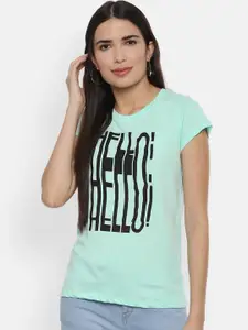People Women Sea Green Printed Round Neck Pure Cotton T-shirt