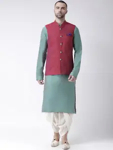 KISAH Men Green & Off-White Solid Jacquard Kurta Set