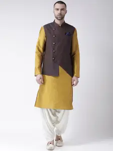 KISAH Men Mustard Yellow & Off-White Solid Kurta Set