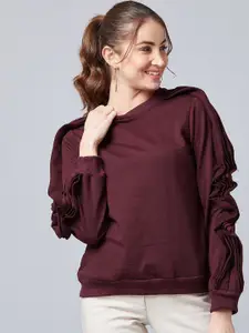 Athena Women Burgundy Solid Asymmetric Sleeve Sweatshirt