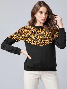 Athena Women Black & Yellow Animal Printed Sweatshirt