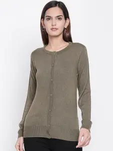 Honey by Pantaloons Women Olive Green Solid Cardigan Sweater
