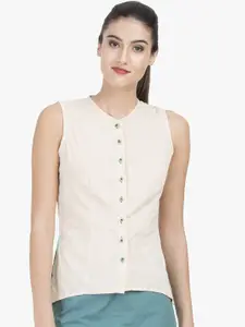 GRASS by Gitika Goyal Women Cream-Coloured Solid Pure Cotton Top