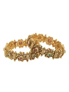 Adwitiya Collection Set of 2 Gold-Plated Pink & Green Stone Studded Oxidized Handcrafted Bangles