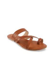 Mochi Women Tan Brown Solid One Toe Flats