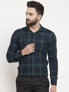 Purple State Men Navy Blue & Green Slim Fit Checked Casual Shirt
