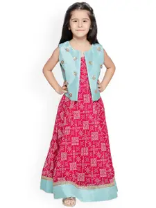 LilPicks Girls Pink & Turquoise Blue Printed Maxi Dress With Jacket