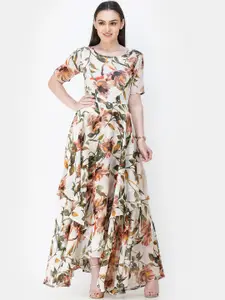 SCORPIUS Women Off-White & Brown Floral Printed Maxi Dress