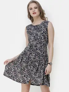 SCORPIUS Women Navy Blue & Beige Butterfly Printed Fit and Flare Dress