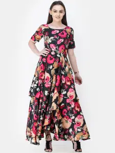 SCORPIUS Women Black & Pink Floral Printed Maxi Dress