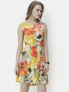 SCORPIUS Women Yellow & Orange Floral Print Fit and Flare Dress