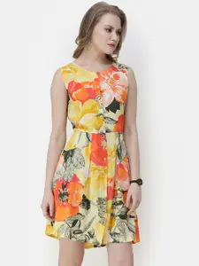 SCORPIUS Women Yellow & Orange Floral Print Fit and Flare Dress