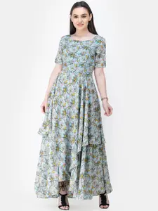 SCORPIUS Women Blue & Yellow Floral Printed Maxi Dress