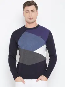 Duke Men Navy Blue Colourblocked Woolen Pullover Sweater