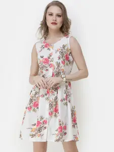 SCORPIUS Women White & Pink Floral Printed Fit and Flare Dress