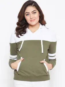 The Dry State Women Green & White Colourblocked Hooded Sweatshirt