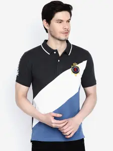 GIORDANO Men Charcoal Grey & White  Slim Fit Colourblocked Polo Collar T-shirt