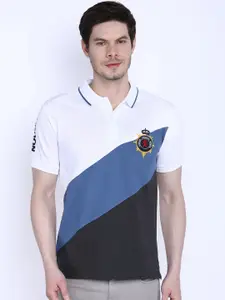 GIORDANO Men White & Blue  Slim Fit Colourblocked Polo Collar T-shirt