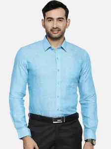 Ramraj Men Blue Original Slim Fit Solid Linen Formal Shirt