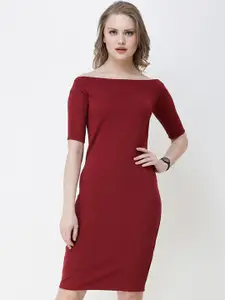 SCORPIUS Women Maroon Solid Off-Shoulder Sheath Dress