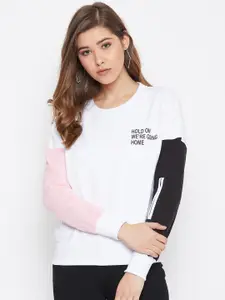 The Dry State Women White & Black Colourblocked Sweatshirt