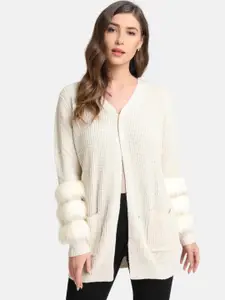 Kazo Women Off-White Self Design Front-Open Sweater
