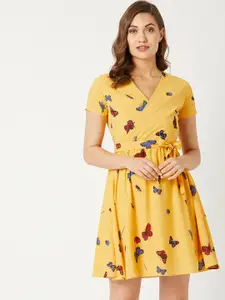 Miss Chase Women Yellow & Blue Printed Fit and Flare Dress