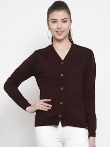 Kalt Women Burgundy Solid Front-Open Acrylic Sweater