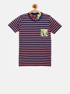 Duke Boys Navy Blue & Peach-Coloured Striped Round Neck T-shirt