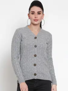 Kalt Women Grey Self Design Acrylic Cardigan Sweater