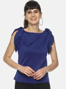 AARA Women Blue Solid Ruffle Sleeve Top
