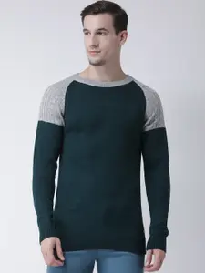 Club York Men Teal Green & Grey Melange Solid Pullover Sweater
