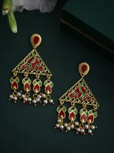 Voylla Gold-Toned & Red Triangular Drop Earrings