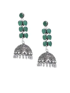 Bamboo Tree Jewels Silver-Toned & Green Dome Shaped Jhumkas
