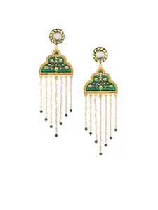 Fabstreet Gold-Plated & Green Mughal Meenawork Contemporary Drop Earrings