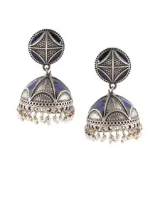 Fabstreet Silver-Plated & Blue Enamelled Dome Shaped Jhumkas