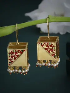 Voylla Gold-Toned & Red Geometric Drop Earrings