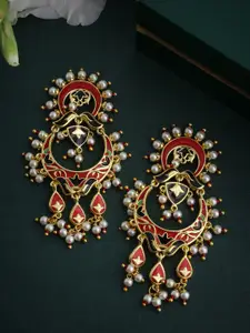Voylla Gold-Toned & Red Crescent Shaped Drop Earrings