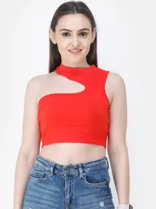 Cation Women Red Solid Fitted Pure Cotton Top