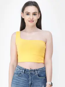 Cation Women Yellow Solid Crop Pure Cotton Top