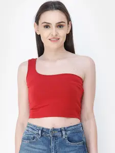 Cation Women Maroon Solid One Shoulder Crop Pure Cotton Top