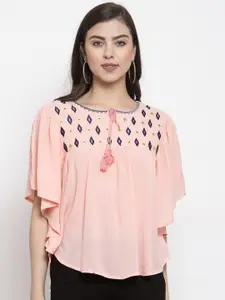 Purple State Women Peach-Coloured Embroidered A-Line Top