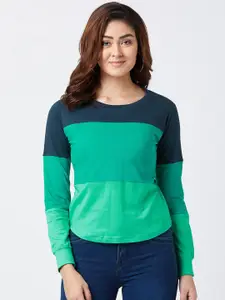 The Dry State Women Green  Navy Blue Colourblocked Round Neck Pure Cotton T-shirt