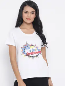 Clovia Women White & Blue Printed Lounge T-shirt