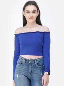 Cation Women Blue Solid Bardot Pure Cotton Top