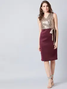 Athena Burgundy & Brown Embellished Sheath Dress