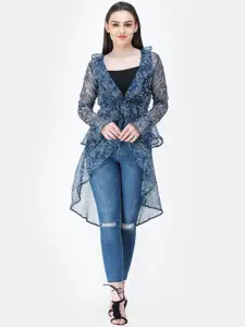 Cation Women Navy Blue Printed Button Shrug