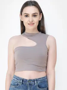 Cation Women Grey Solid Crop Pure Cotton Top