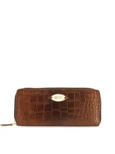 Hidesign Women Tan Brown Crocodile Skin Textured RFID Protected Leather Zip Around Wallet
